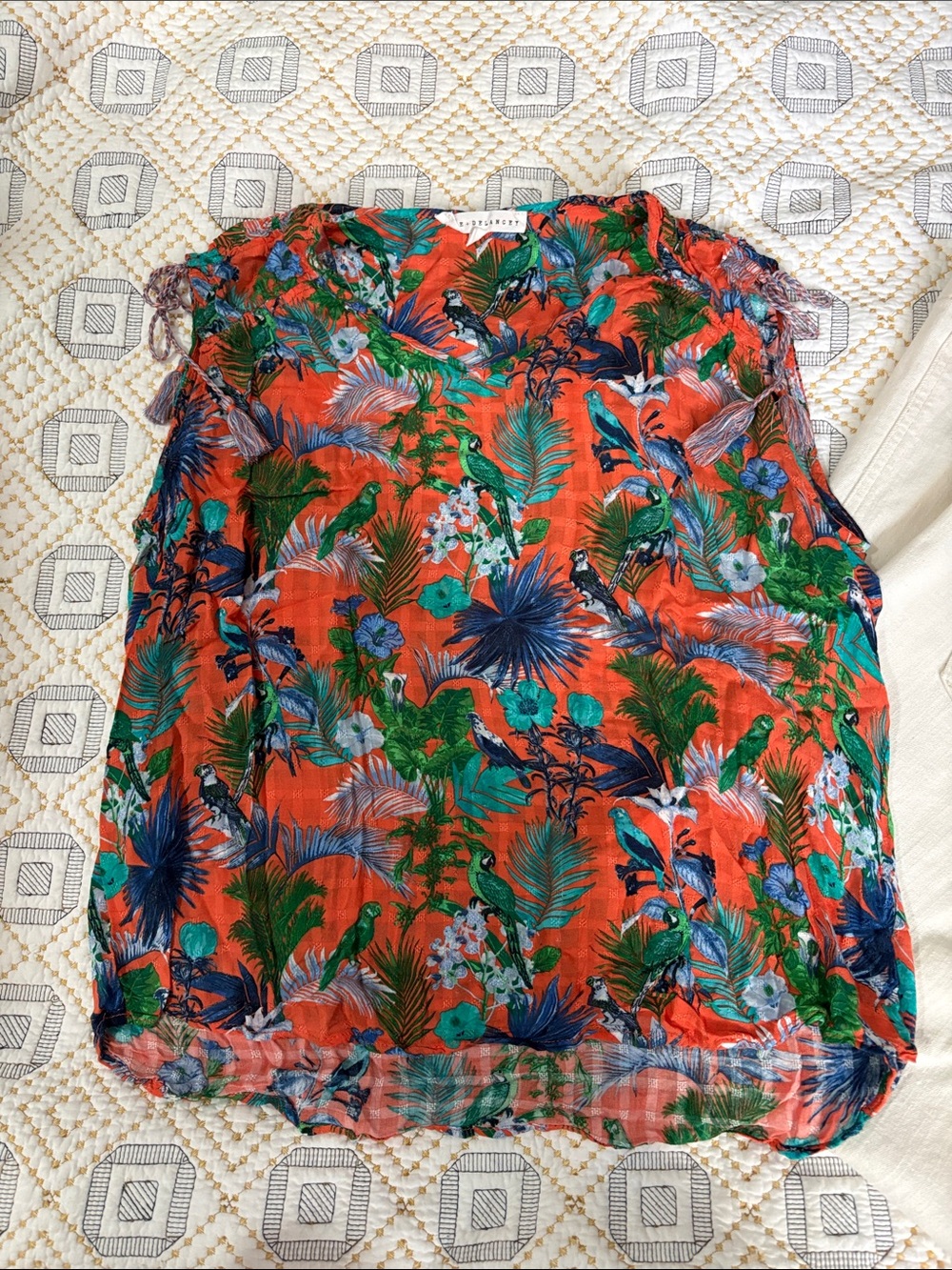 Jan & Delancy Tropical Print Sleeveless Shell in Bright Orange